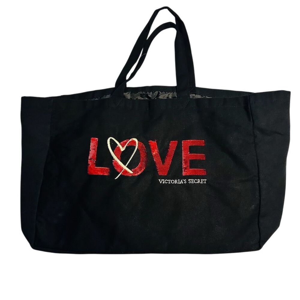 Victoria's Secret‎ Black Sequin LOVE Tote Bag Valentines 2017 Limited Edition